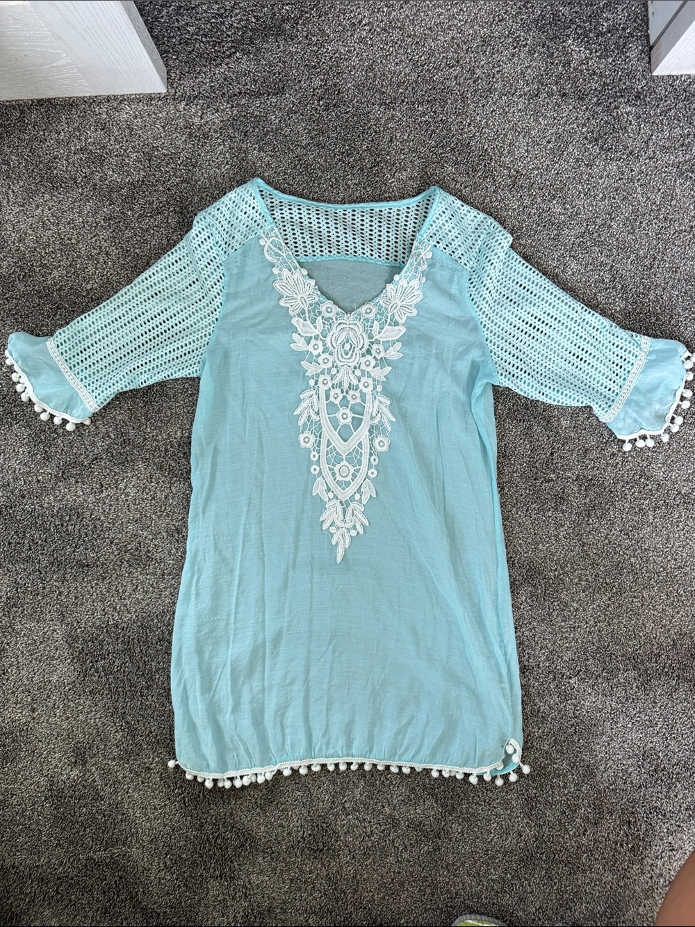 Light Blue Crochet-Sleeve Women’s Tunic with Lace Applique - swim cover up
